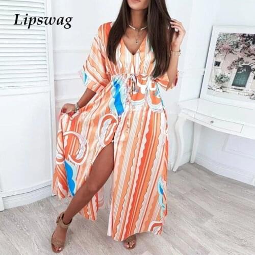 Summer Sexy V Neck Button Split Party Dress Autumn Vintage Print Boho Maxi Dress Women Elegant Drawstring Waist Beach Long Dress