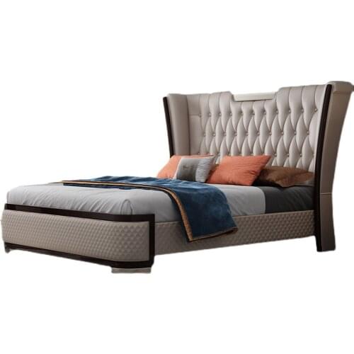 Louvre post-modern light luxury pull button bed simple design square napa leather double bed guest room bedroom furniture