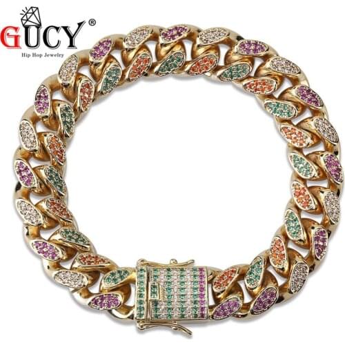 GUCY Hip Hop Multicolor Cuban Chain Bracelet Micro Pave CZ Stones Gold/Silver Color Plated Bling Iced Out Charm Jewelry For Men