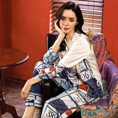 Fashion 2 pieces pajamas sets turn-down collar pajamas for women ice satin silk home service autumn long sleevefemale sleepwear