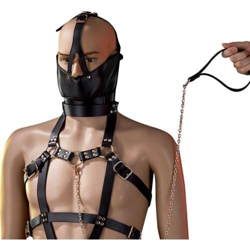 Male Slave Bondage Leather Set Adjustable Bdsm Chastity Clothes Leather Cage Handcuffs Headgear Sexy Set Flirt Adults Games