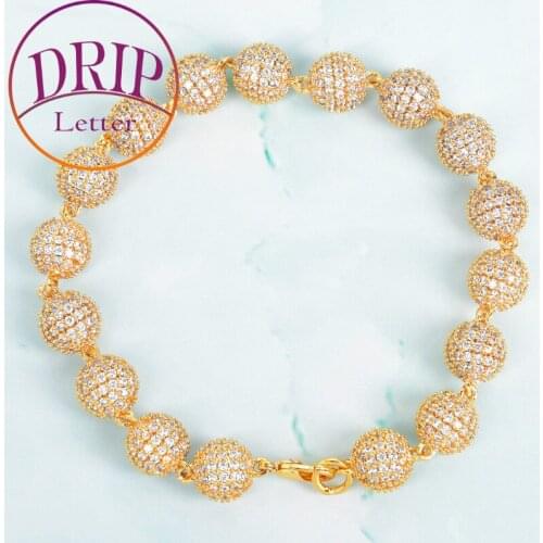 10mm Round Bead Bracelet Solid Chain Gold Color Bling Full Cubic Zircon Hip Hop Link Mens Rock Street Jewelry