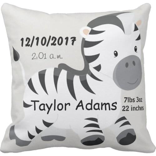 Custom Cute Kids Cushion Cover Personalized Square Cotton Canvas Polyester Pillow Case Zebra Birth Stats Baby Print Pillow Cover