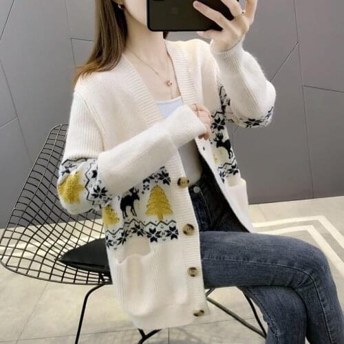 Autumn 2021 New Korean Flocking Christmas Tree Loose Outer Knit Cartoons Jacquard Cardigan Women Sweater Jacket Fashion zh1518