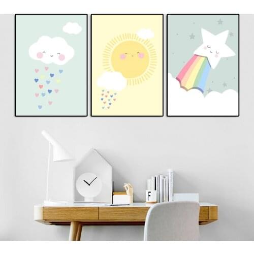 Nordic Modern Style Cartoon Lovely Cloud Sun Star Rainbow Posters Home Decor Canvas Painting Wall Picture for Kids Living Room
