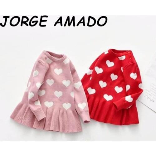 2020 Autumn Girls Sweater Dress Love Heart Knitted Cotton Wool Long Sleeve Kids Dresses for Girls Toddler Fall Clothes WL008