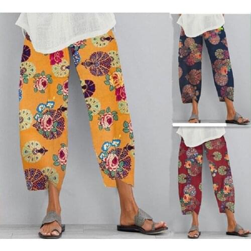 Casual Elastic Waist Long Trousers Summer Harem Pants Women Vintage Floral Printed Pants Asymmetrical Pantalon Plus Size