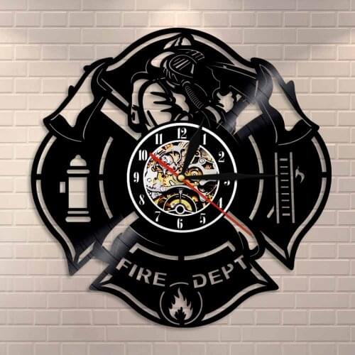 Firefighter Vinyl Record Clock Firemen Axe Home Decor Vintage Clock Gift Fire Department Logo Wall Sign Fire Station Wall Clock