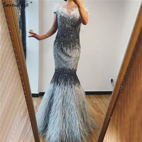 Dubai Design Grey Luxury Sexy Prom Dresses Crystal Feathers Off Shoulder Prom Gowns 2020 Serene Hill BLA70242