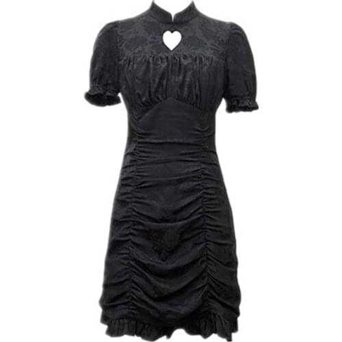 Ruibbit Summer Women Vintage Gothic Dresses Love Sweet Cool Lantern Sleeve Black Slim Chinese Style Cheongsam Dress