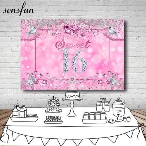 Sensfun Beautiful Girls Sweet 16 Backdrop For Photography Pink Theme Diamonds Birthday Party Backgrounds Photo Studio Custom