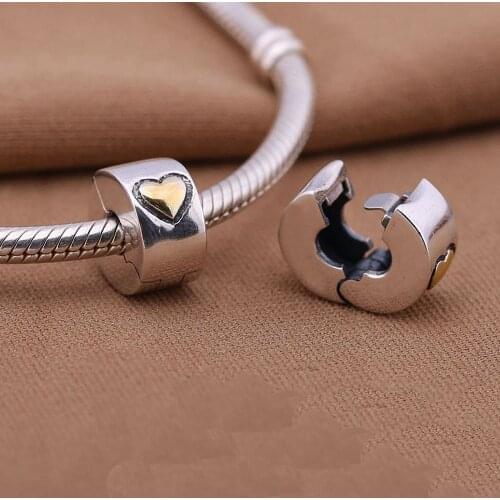 925 Sterling Silver european stopper charm gold heart Lock Clip original Fits Charms Bracelets diy