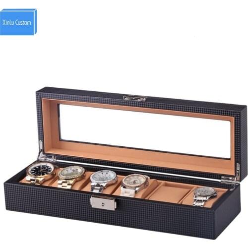 6-Watch Display Box Carbon Fiber Design with Glass Top, Luxury Jewelry Organizer Carbon Fiber Watch Display Case Storage Xinlu