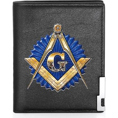 High Quality Luxury Masonic Logo Printing Leather Wallet Credit Card Holder Short Male Slim Purse For Men