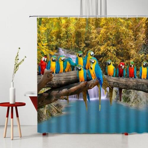 Parrot Shower Curtain Animal Autumn Yellow Leaf Waterfall Printing Washable Fabric Bathroom Decor With Hook Flower Bath Curtains