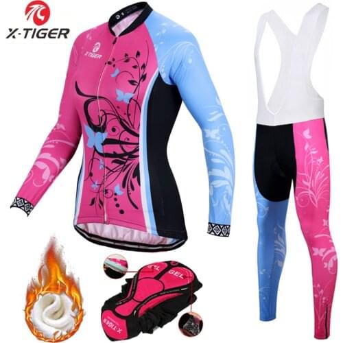 X-Tiger Women Winter Thermal Fleece Cycling Jersey Set Long Sleeve Mountain Bicycle Clothes Uniform Bike Cycling Clothing Suit