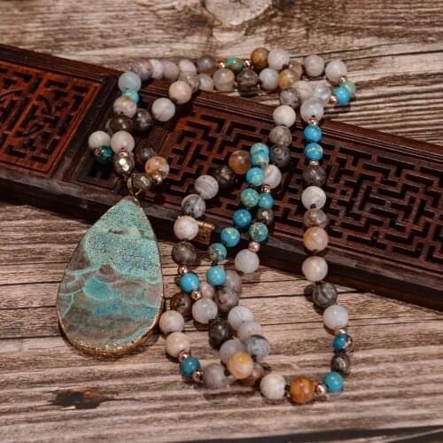 Womens Fashion Handmade Boho Necklace Mix Natural Stones Big Teardrop Pendant Necklace Lariat Beads Knotted Bohemia Necklace