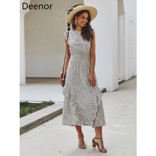 Deenor Women 2021 Summer Dress New Ruffle Round Neck Sleeveless Floral Print Long Dresses Party Elegant Dress Vestidos