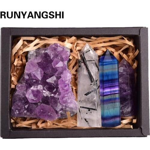 1set Natural crystal stone Amethyst Quartz Rainbow Fluorite Crystal Wand Point Brazilian Healing Stone Decoration Craft
