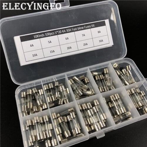 10Kinds 100pcs 5*20 Fast-blow Glass Tube Fuses Car Fuses Assorted Kit 5X20 with Box 4A-30A Household Fuses