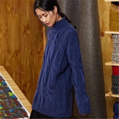 100% hand made wool half high collar knit women fashion solid loose twisted striped pullover sweater black 6color customized
