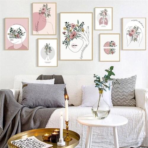 Astratta Ragazza di Linea Fiore Del Cervello A Mano di Arte Della Parete della Tela di Canapa Pittura Nordic Poster E Stampe di