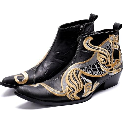 Bota masculina short chelsea ankle boots genuine leather shoes men gold embroidery high top cowboy boots mens pointed toe 2019