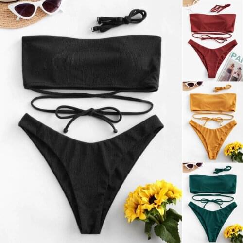 Dropshipping Bikini Women Pure Color High Waist Strapless Sexy Swimwear Women Swimsuit Padded Bathing Suit Monokin Biquini