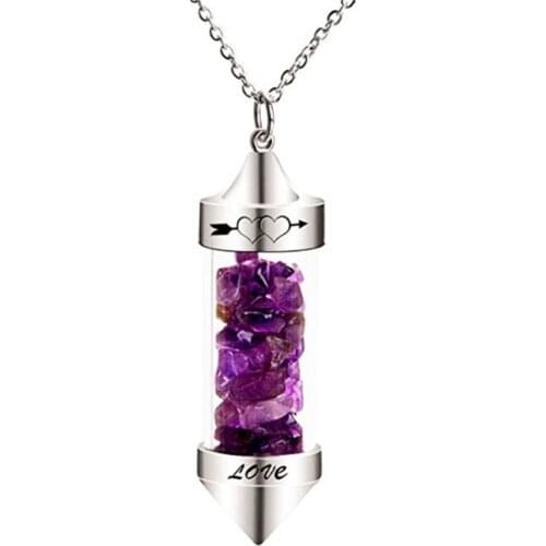 FYJS Unique Silver Plated Wish Bottle Love Heart Pendant Natural Purple Amethysts Stone Necklace Link Chain Jewelry