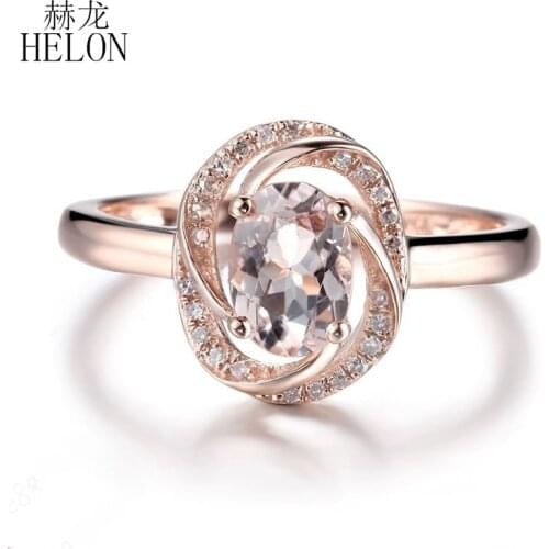 HELON Solid 10K Rose Gold Oval 7x5mm Natural Morganite & Diamonds Engagement Wedding Ring Women Gemstone Exquisite Jewelry Ring