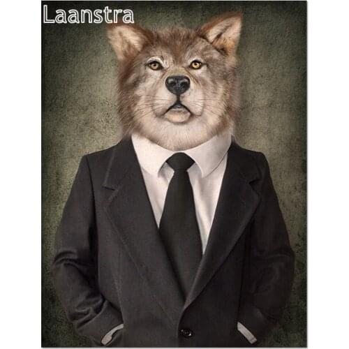 Canvas Painting Animals In Cloth Retro Style Wall Art Lion Wears A Suit Poster Wolf Elephant Print Picture for Living Room Decor