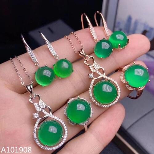 KJJEAXCMY boutique jewelry 925 sterling silver inlaid Natural green chalcedony pendant earrings ring three-piece support test