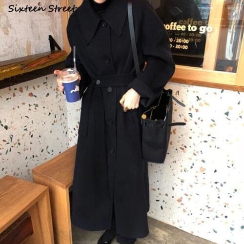 Korean Black Woolen Coats Women Belt Single Breasted Long Jacket Female Lace Up Streetwear Thicken Loose Blends Outerfit Lady