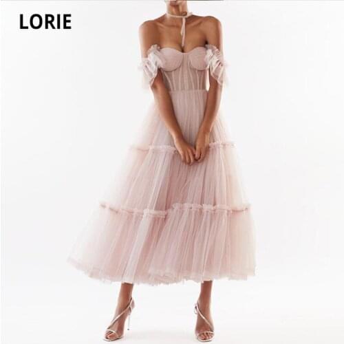 LORIE Dusty Pink Prom Dresses Off the Shoulder Ruffled African Tea Length Tulle Party Evening Gown Graduation Dresses 2021