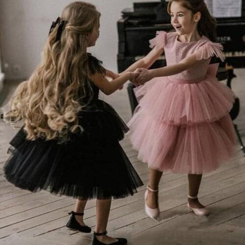 Cute Puffy Girls Tulle Dresses Knee Length Little Princess Celebrate Dress Cap Sleeves Flower Girl Dresses Vestidos