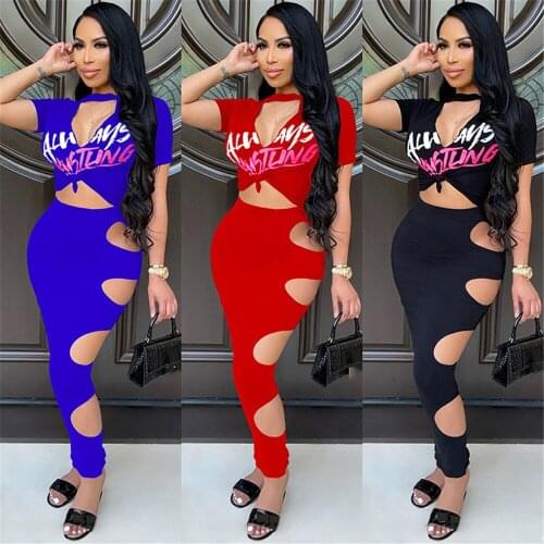 Fashion Two Piece Skirts Set Letter Printed Short Sleeve T-Shirt Hole Hollow Out Party Streetwear Matching Set Women Summer