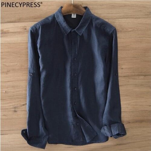 Men Casual Shirt 100% Linen Breathable Anti-static Blue White Flax Cool Quality Linum Solid Summer Full Long Sleeve Man Shirts
