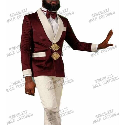 2021 Burgundy Velvet Double Breasted Blazer Wedding Groom Suit Shawl Lapel Tuxedo For Men Wedding Suits Prom Best Man Suit