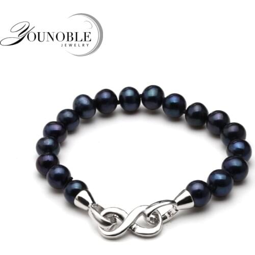 Real round black round freshwater pearl bracelet women,bridal cultured charm bracelet 925 silver jewlery daughter birthday gift