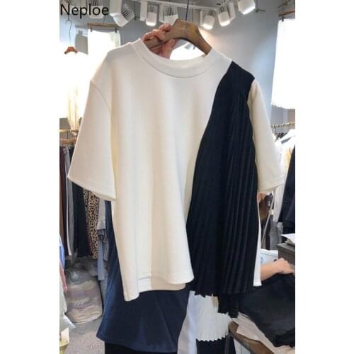Neploe 2021 Spring Summer Women Tshirt Pleated Contarst Color Patchwork Short Sleeve O-neck Tee Shirts 2021 New Arrival 4A031