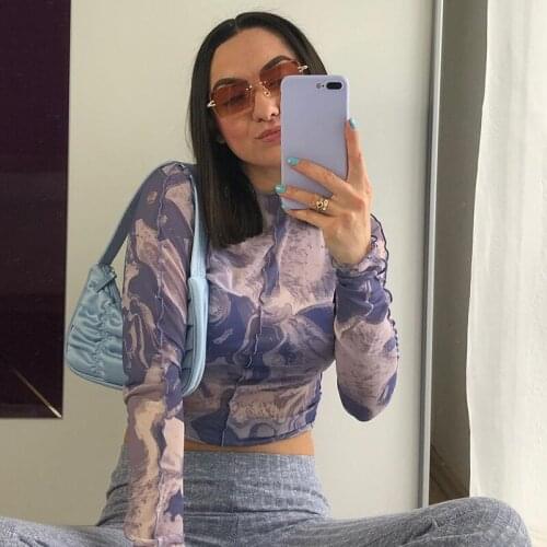 Hirigin y2k Style 2021 New Women Sheer Mesh Tops Sexy Long Sleeve Crew Neck Tie Dye Print Slim Fit T-Shirts Casual Tees