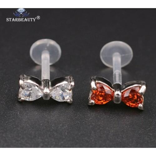 New Arrival ! 1Pc Clear AA Bow Zircon Lip labret Piercing 1.0*8mm CZ 316l Steel&PTFE Labret Lip Bar Ring Piercing Ear Cartilage
