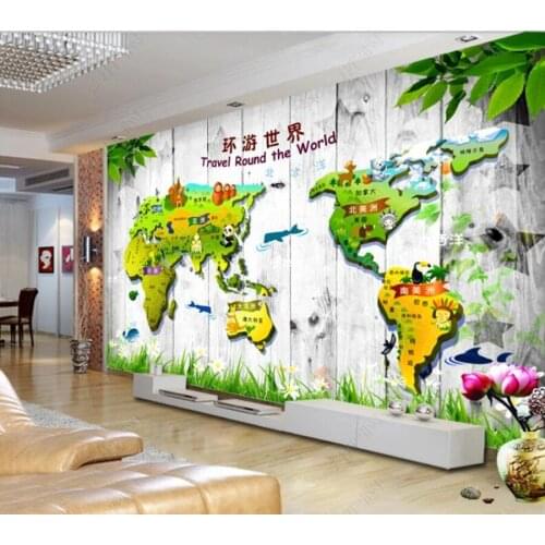 Papel de parede Wooden board cartoon global world map childrens room 3d wallpaper children bedroom wall papers home decor