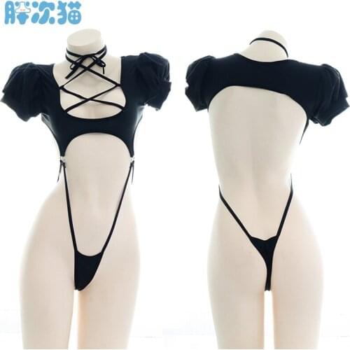 Sexy Girl One-Piece Pajamas Puff Sleeve Lace-up Sukumizu Swimsuit Black Lolita Hollow Out Short Sleeve Underwear Set Pajamas New