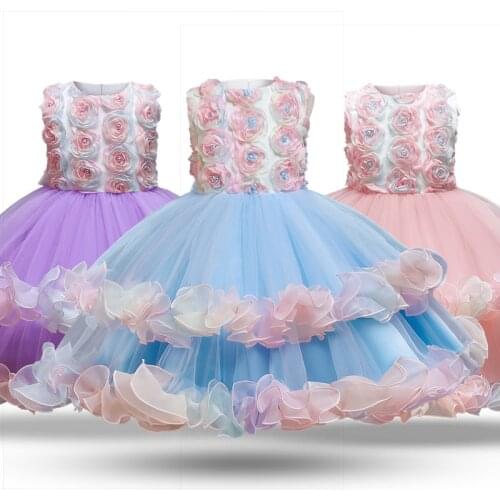 Girls Flower Princess Dress Lace Mesh Appliques Elegant Ceremonies Party Kids Bridesmaid Tutu Prom Gown Wedding Children Costume