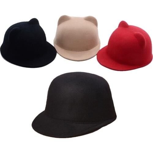 New Korean Plain Wool Cat Ears Equestrian Cap Parent-child Cap Flat Brim Horseman Trilby Hat for Men Women Children Boys Girls