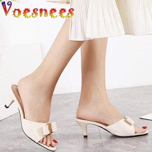 Commuter Women Shoes Summer Low Heel All-Match Slippers Metal Decoration Butterfly-Knot Shallow Mouth Thin High Heel Sandals