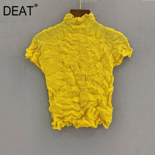 DEAT Woman Pleated T-shrit Solid Turtleneck Short Sleeve Loose Waist Pullover Elastic Casual Style 2021 New Summer Tide 15XF449