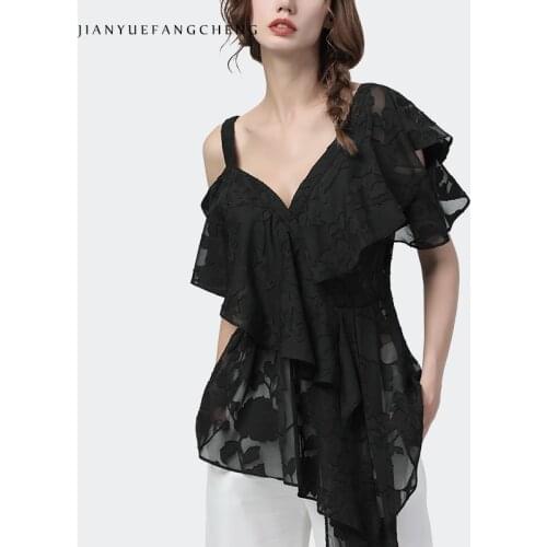 Sexy Off Shoulder Backless Black Chiffon Jacquard Blouse Women Summer Single Strap V-Neck See Through Sun-Top With Draped Ruffle
