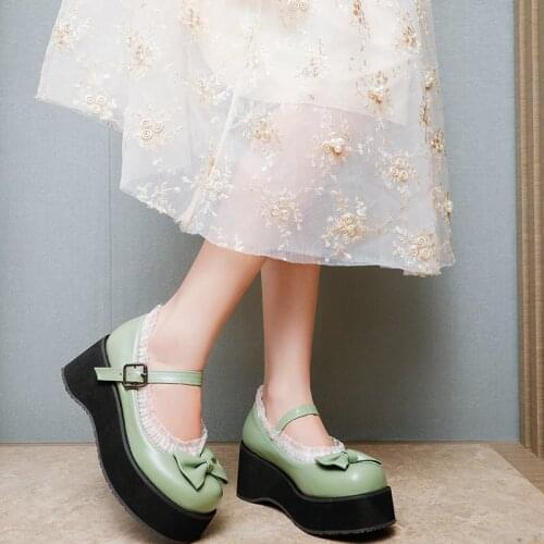 Japanese Mary Jane Lolita sweet bow womens shoes mid-heel increased platform shoes round toe shoes womens shoes